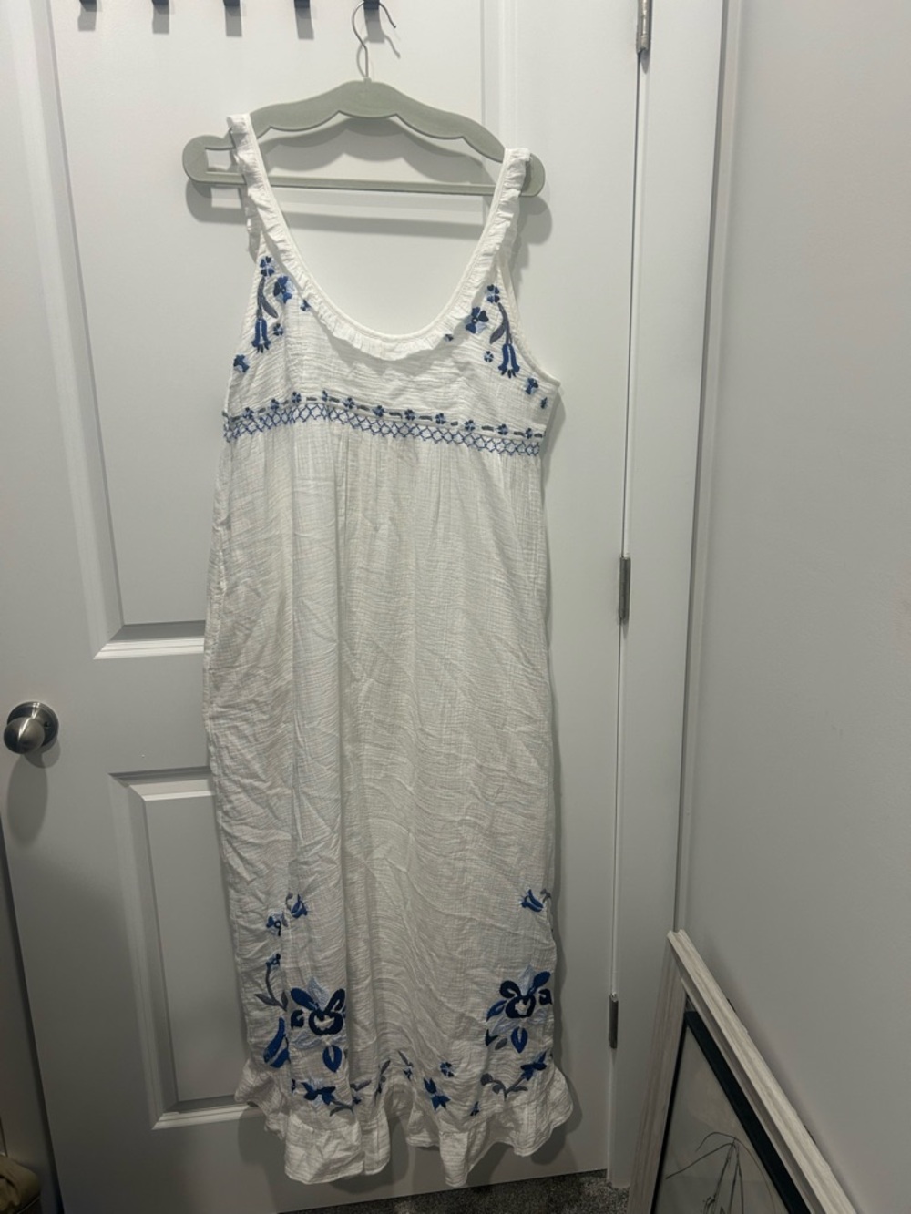 Free People White Maxi Dress with Blue Embroidery